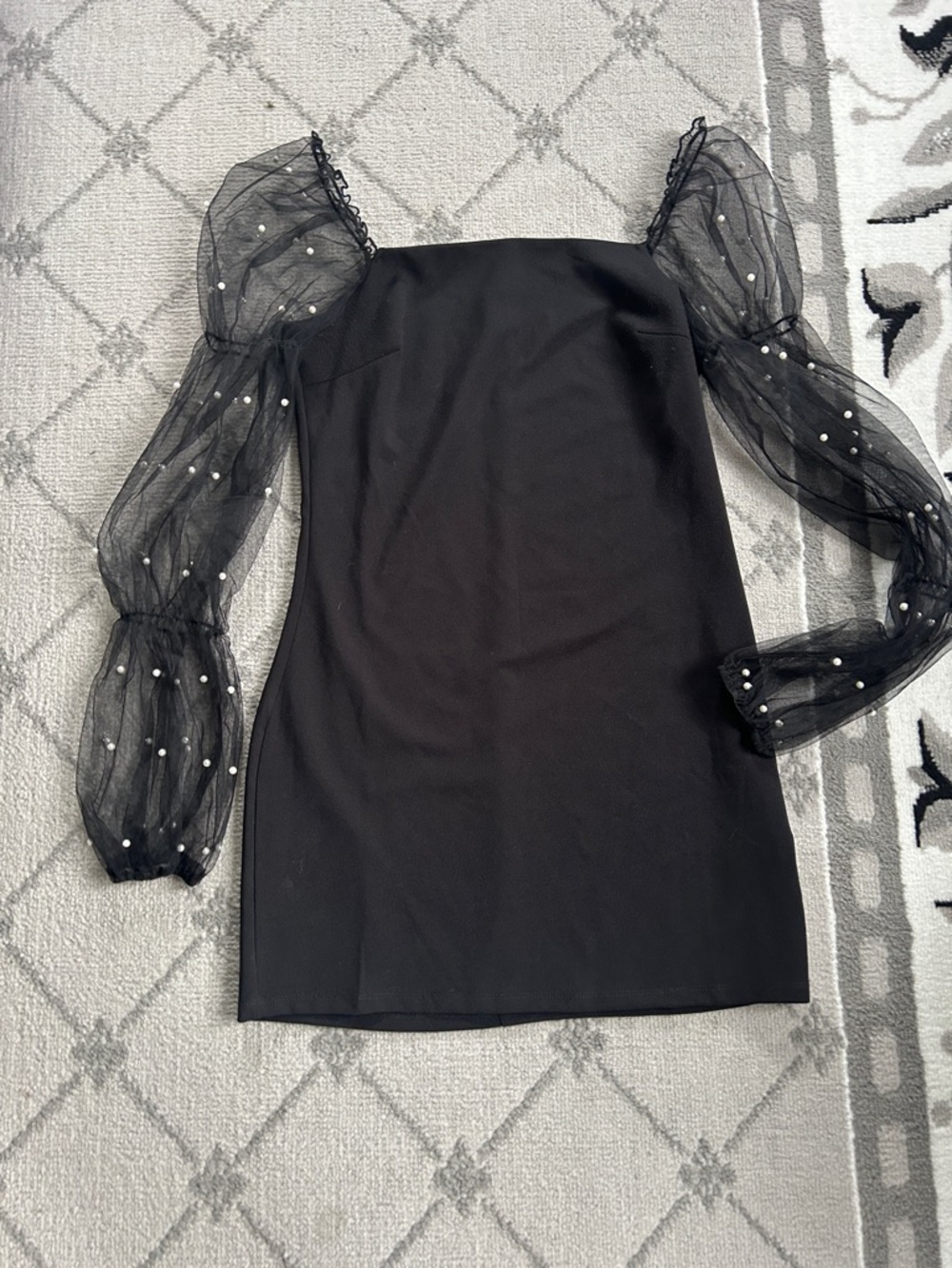 Black Mini Dress with Sheer Pearl-Embellished Puff Sleeves